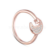 TINYSAND 925 Sterling Silver Cuff Rings, Open Rings, with Moon & Star and Cubic Zirconia, Rose Gold, Size 5, 15.5mm(TS-R413-RG)