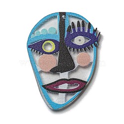 Printed Acrylic Pendants, Abstract Face, Turquoise, 39.5x29.5x2.5mm, Hole: 1mm(OACR-P026-A02)