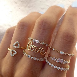 7Pcs Alloy Crystal Rhinestone Finger Rings Sets, Flower/Heart/Word Love, Light Gold, Inner Diameter: 16~19mm(FS-WGF69DB-01)