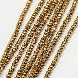 Electroplate Non-magnetic Synthetic Hematite Beads Strands, Faceted, Rondelle, Grade A, Golden Plated, 3x2mm, Hole: 1mm, about 200pcs/strand, 16 inch(G-J160-A-02)