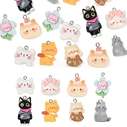 16Pcs 8 Styles Opaque Resin Pendants, Animal Charm, with Platinum Tone Iron Loops, Cat Shaped, Mixed Color, 20~32x15.5~21x6~15.5mm, Hole: 2~4mm, 2pcs/style(RESI-YW0003-17)