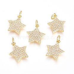 Brass Micro Pave Cubic Zirconia Pendants, with Jump Ring, Long-Lasting Plated, Star, Clear, Real 18K Gold Plated, 15x13.5x2mm, Hole: 3mm(ZIRC-G166-29G)
