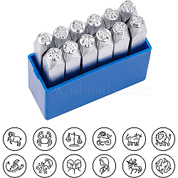 Iron Seal Stamps, Stamping Tools, for Leather Craft, Twelve Constellations Pattern, Platinum, 65.5x10mm, Pattern: 6mm, 12pcs/box(AJEW-BC0006-33P)