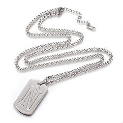 Non-Tarnish 304 Stainless Steel Split Initial Pendant Necklaces, with Lobster Claw Clasps and Curb Chains, Rectangle with Letter, Letter.N, 27.55 inch(70cm), Pendant: 41x23x2mm(NJEW-L152-03N)