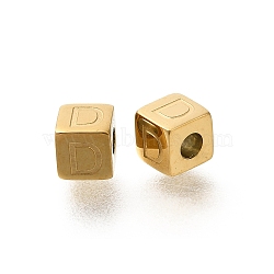 Ion Plating(IP) 304 Stainless Steel Beads, Cube with Letter, Real 14K Gold Plated, Letter D, 5x5x5mm, Hole: 2mm(STAS-F308-01G-D)