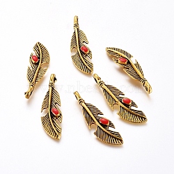 Alloy Enamel Pendants, Leaf, Antique Golden, Red, 40x11x3mm, Hole: 3mm(PALLOY-J207-03AG)