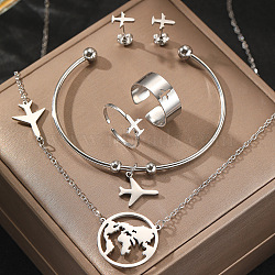 Airplane & Earth 201 Stainless Steel Pendant Necklace & Stud Earring & Cuff Ring & Cuff Bangle Sets, Stainless Steel Color, 450mm(FS-WG54043-02)