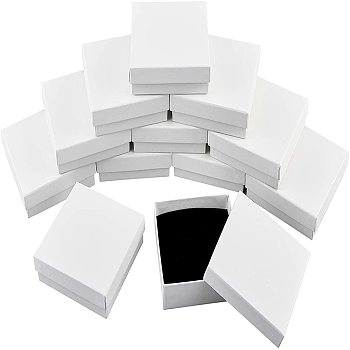 Cardboard Gift Box Jewelry Set Boxes, for Necklace, Earrings, with Black Sponge Inside, Square, White, about 9.3x9.3x3.1cm, Inner Diameter: 8.6x8.6cm, 12pcs/set