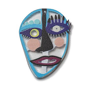 Transparent Printed Acrylic Pendants, Abstract Face, Turquoise, 39.5x29.5x2.5mm, Hole: 1mm