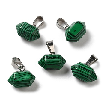 Natural Malachite Pointed Pendants, Faceted Bullet Charms, with Platinum Tone Iron Snap on Bails, 12.5~13x15.5~17x9~10mm, Hole: 7x3.5mm