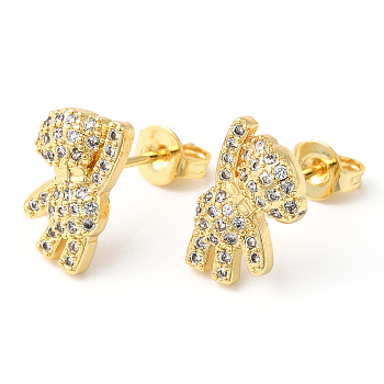 Clear Cubic Zirconia Bear Stud Earrings, Rack Plating Brass Jewelry, Lead Free & Cadmium Free, Real 18K Gold Plated, 12x7mm, Pin: 0.8mm