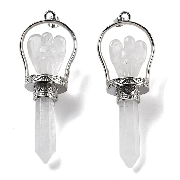 Natural Quartz Crystal Pointed Big Pendants, Rock Crystal Faceted Bullet & Angel Charms with Brass Findings, Rack Plating, Platinum, 71~77x27~28x19~20mm, Hole: 6.5x4.5mm