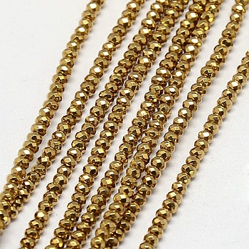 Electroplate Non-magnetic Synthetic Hematite Beads Strands, Faceted, Rondelle, Grade A, Golden Plated, 3x2mm, Hole: 1mm, about 200pcs/strand, 16 inch
