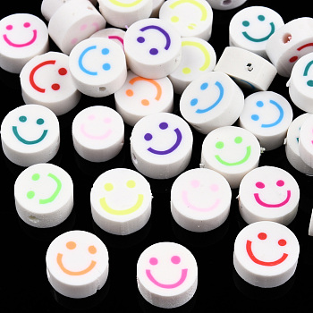 Handmade Polymer Clay Beads, Flat Round with Smiling Face, Mixed Color, 9~10x4mm, Hole: 1.2~1.6mm