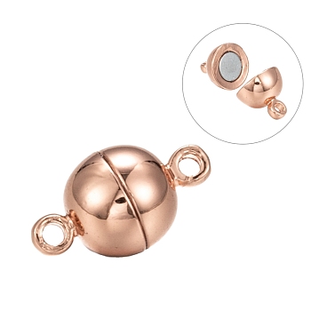Rack Plating Brass Magnetic Clasps with Loops, N45 Grade Strong Magnet, Long-Lasting Plated, Round, Real Rose Gold Plated, 14.5x8mm, Hole: 1.6mm