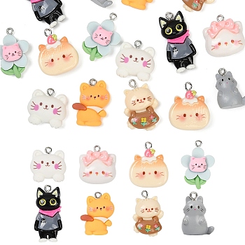 16Pcs 8 Styles Opaque Resin Pendants, Animal Charm, with Platinum Tone Iron Loops, Cat Shaped, Mixed Color, 20~32x15.5~21x6~15.5mm, Hole: 2~4mm, 2pcs/style