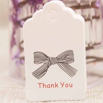 Paper Gift Tags, Hange Tags, For Arts and Crafts, For Thanksgiving, Rectangle with Bowknot and Word Thank You, White, 50x30x0.4mm, Hole: 5mm