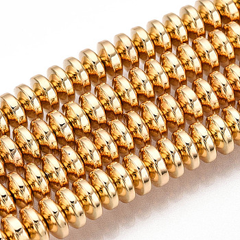 Electroplate Non-magnetic Synthetic Hematite Bead Strands, Rondelle, Light Gold Plated, 6x3mm, Hole: 1mm, about 125~133pcs/strand, 15.7 inch