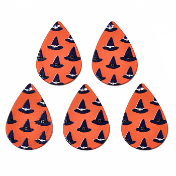 Spray Painted Iron Pendants, Rubberized Style, 3D Printed,  Halloween Witch Hat Print Pattern, Teardrop, Orange Red, 27.5x18x0.5mm, Hole: 1.2mm