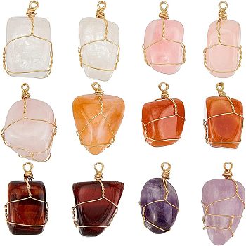 12Pcs Natural Gemstone Pendants, with Golden Plated Copper Wire Wrapped, Nuggets, 32~40x15~22mm, Hole: 3mm