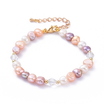 Natural Cultured Freshwater Pearl Beaded Bracelets, with 304 Stainless Steel Lobster Claw Clasps, Brass & Glass Beads, Colorful, 9-5/8 inch(24.5cm)