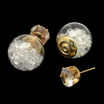 Double Sided Glass Ball Stud Earrings, with Resin Rhinestones and Golden Iron Pins, White, 16mm, 8mm, Pin: 0.7mm