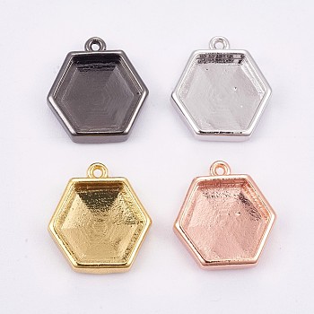 Brass Pendant Cabochon Settings, Plain Edge Bezel Cups, Long-Lasting Plated, Hexagon, Mixed Color, Tray: 10.5x11.5mm, 14.5x14x3mm, Hole: 0.8mm