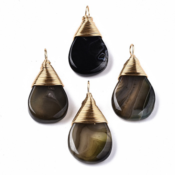 Natural & Dyed Agate Pendants, Gold Copper Wire Wrapped Pendants, Teardrop, 37~40x19~21x9~10mm, Hole: 3~4mm