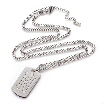 304 Stainless Steel Split Initial Pendant Necklaces, with Lobster Claw Clasps and Curb Chains, Rectangle with Letter, Letter.N, 27.55 inch(70cm), Pendant: 41x23x2mm