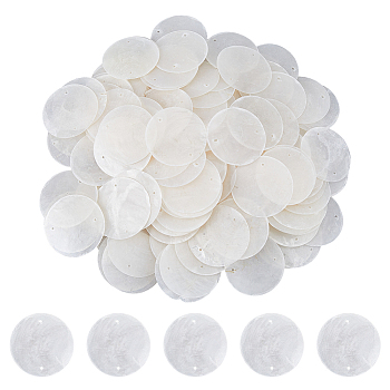 150Pcs Natural Shell Slice Connector Charms, Flat Round Links, Seashell Color, 48.5~50x0.5~0.7mm, Hole: 1.4mm