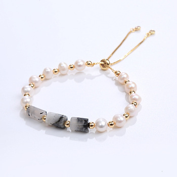 Natural Rutilated Quartz & Plastic Imitation Pearl Bead Slider Bracelets, Adjustable Brass Bead Bracelets for Women, 