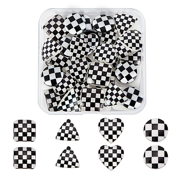SUPERFINDINGS 40Pcs 4 Style Opaque Resin Cabochons, Mixed Shapes with Grid Pattern, Black, 10pcs/style