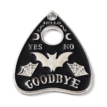 Alloy Enamel Pendants, Platinum, Black Talking Board Pattern Charm, Bat, 25.5x21x1.5mm, Hole: 1.6mm