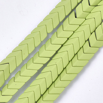 Spray Painted Non-magnetic Synthetic Hematite Beads Strands, Matte Style, Arrow/Chevron, Yellow Green, 7x8x4mm, Hole: 1mm, about 89pcs/strand, 16.1 inch