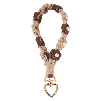 Cotton Braided Flower Pendant Decorations, with Alloy Heart Clasps and Plastic Beads, Coconut Brown, 200mm