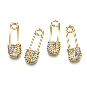 Brass Micro Pave Clear Cubic Zirconia Pendants, Nickel Free, Pin, Real 18K Gold Plated, 21x7.5x2.5mm, Hole: 2.5mm