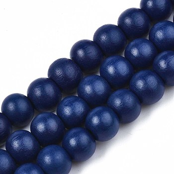 Painted Natural Wood Beads Strands, Round, Midnight Blue, 10x8~9mm, Hole: 2~3mm, about 41~42pcs/strand, 13.98 inch~14.61 inch(35.5~37.1cm)