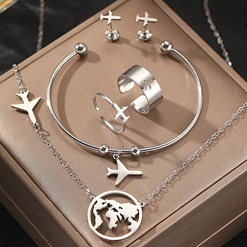 Airplane & Earth 201 Stainless Steel Pendant Necklace & Stud Earring & Cuff Ring & Cuff Bangle Sets, Stainless Steel Color, 450mm