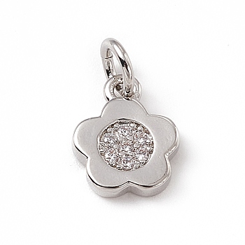 Brass Micro Pave Cubic Zirconia Charms, with Jump Rings, 5-Petal Flower Charm, Platinum, 9.5x7.7x1.5mm, Hole: 3mm
