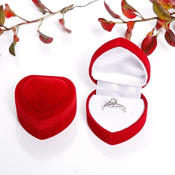 Valentine's Day Velvet Ring Storage Boxes, Heart Shaped Single Ring Gift Case, Red, 4.8x4.8x3.5cm