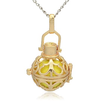Golden Tone Brass Hollow Round Cage Pendants, with No Hole Spray Painted Brass Round Beads, Champagne Yellow, 33x24x21mm, Hole: 3x8mm