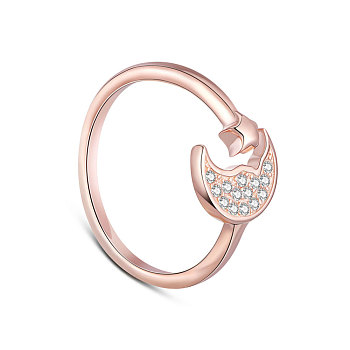 TINYSAND 925 Sterling Silver Cuff Rings, Open Rings, with Moon & Star and Cubic Zirconia, Rose Gold, Size 5, 15.5mm