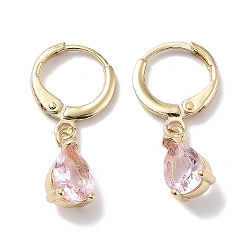 Real 18K Gold Plated Brass Dangle Hoop Earrings, with Glass, Teardrop, Pink, 26x6mm