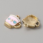 Alloy Pendant, with Enamel, Light Gold, Cup with Playing Cards Pattern Charm, Pink, 15x14x3.5mm, Hole: 1.5mm(ENAM-WH0072-01C-LG)