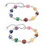 2Pcs Round Natural Mixed Gemstone Beads Bracelets for Women, with Copper Wire & 304 Stainless Steel Curb Chain Extender, 7-1/4~7-5/8 inch(18.5~19.5cm)(BJEW-UN00018)
