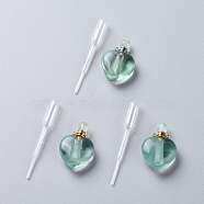Natural Green Fluorite Openable Perfume Bottle Pendants, with 304 Stainless Steel Findings and Plastic Transfer Pipettes, Heart, 37.5~38x25~25.5x11~12mm, Hole: 1.6mm, 1pc/set, Capacity: 2.5ml(0.08 fl. oz)(G-K420-04)