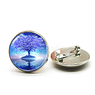 Alloy Pin, Glass Flat Round with Tree of Life Brooch, Platinum, 25mm(TREE-PW0001-84C-02)
