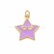 Brass Micro Pave Clear Cubic Zirconia Pendants, with Enamel & Jump Ring, Cadmium Free & Nickel Free & Lead Free, Star Smiling Face, Real 16K Gold Plated, Plum, 19x17x2mm, Jump Ring: 5x1mm, 3mm inner diameter(X-ZIRC-S067-065H-NR)