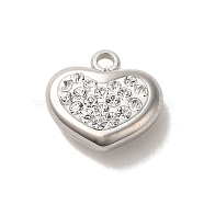 304 Stainless Steel Charms, with Crystal Rhinestone, Heart Charm, Stainless Steel Color, 11x11x5.5mm, Hole: 1.6mm(STAS-L022-278P)