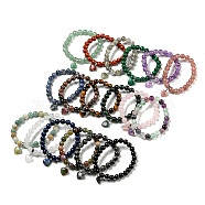 8.5mm Round Natural & Synthetic Mixed Gemstone Beaded Stretch Bracelets, Heart Charm Bracelets with Brass Bails for Women, Inner Diameter: 2-1/8 inch(5.5cm)(BJEW-C074-01)